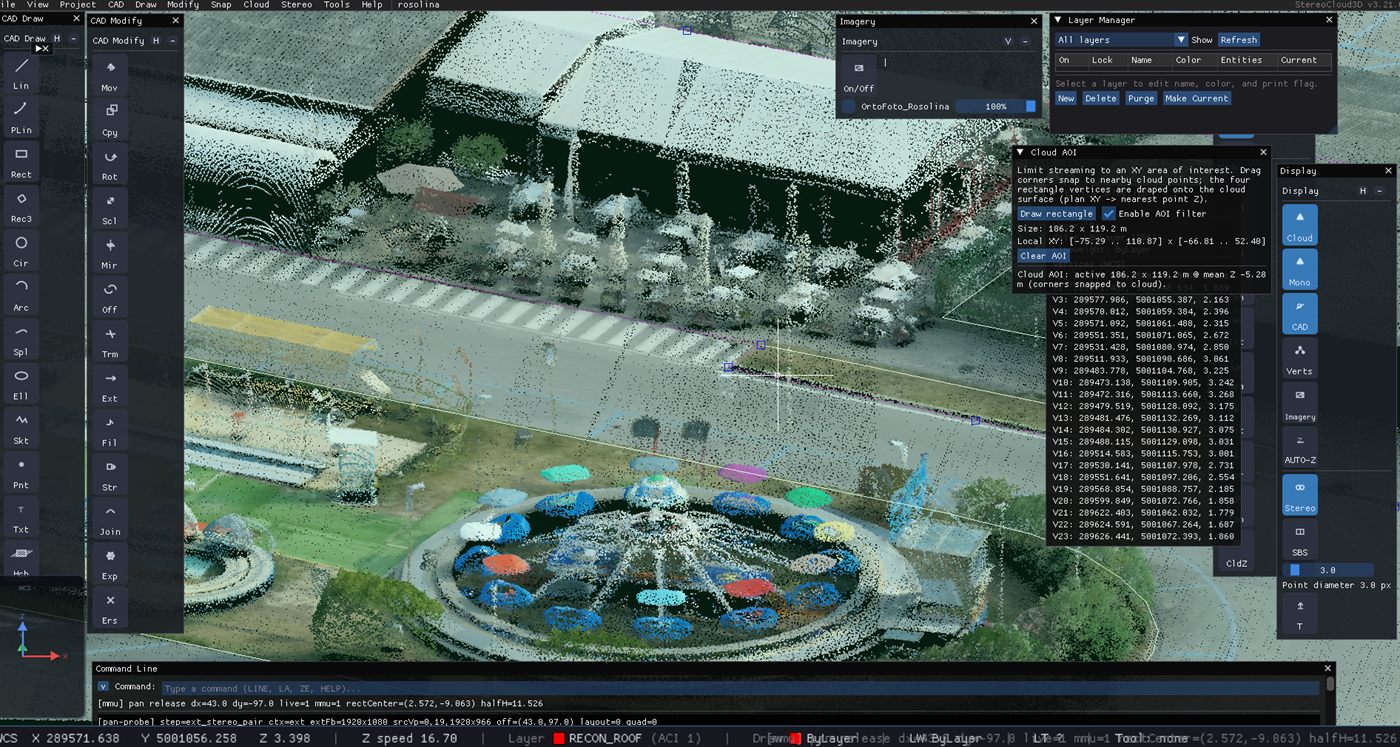 StereoCloud3D workspace with point cloud and CAD tools
