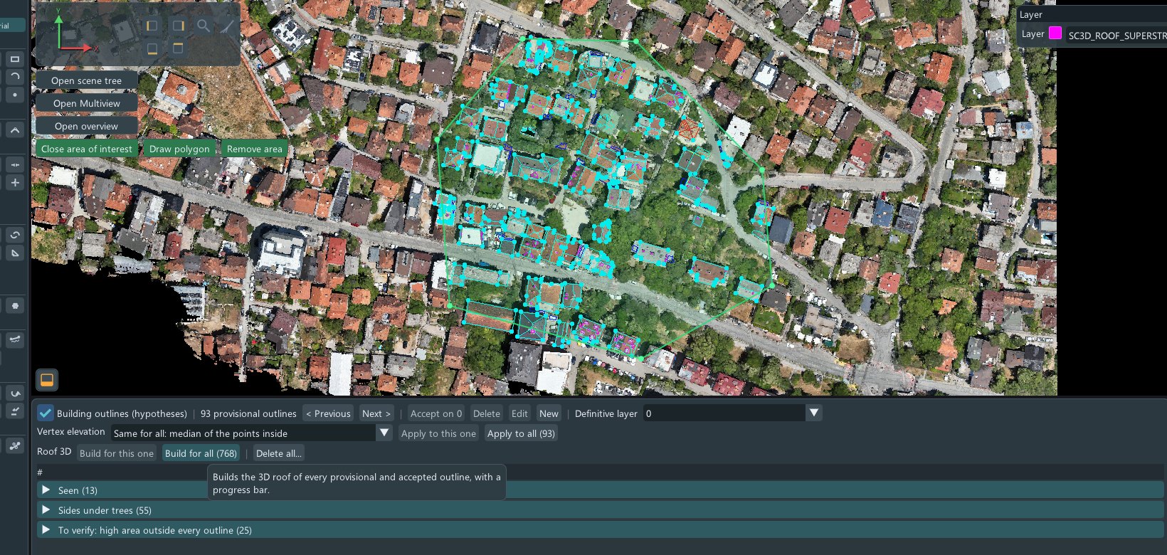 3D roofs built on the proposed outlines