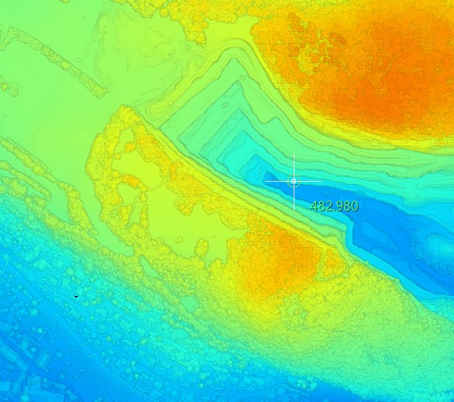 The quarry coloured by elevation with a spectrum ramp