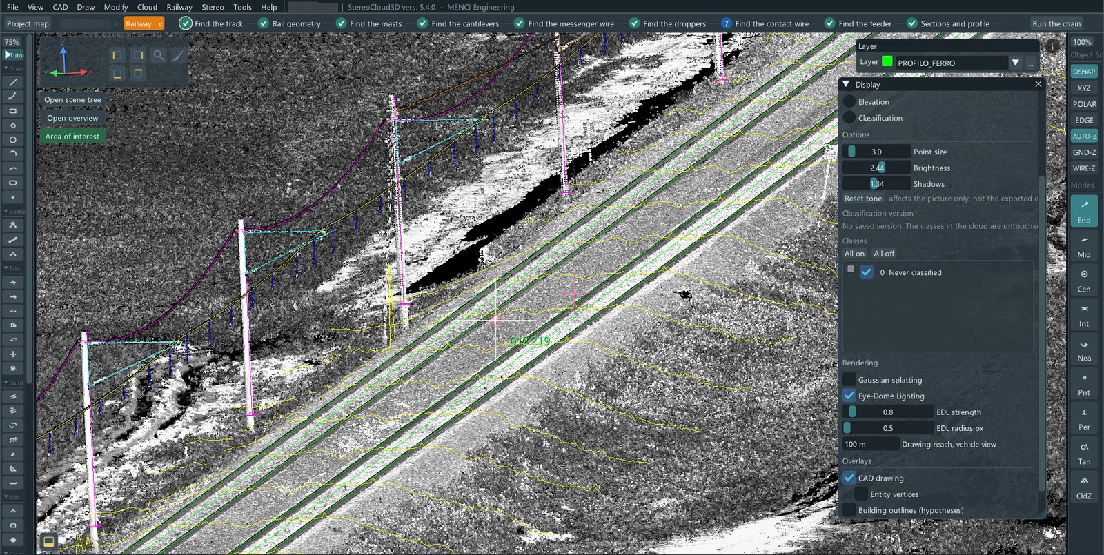 The rails and the overhead line drawn on the point cloud