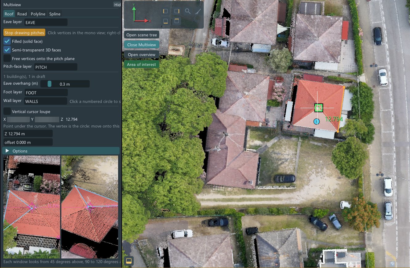 Multiview panel with two oblique views of the roof being drawn