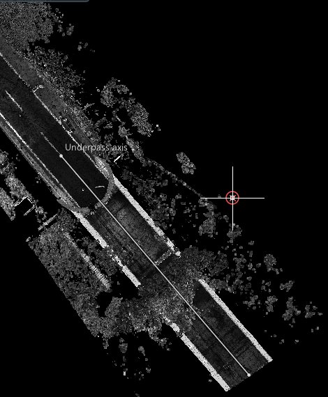 The underpass axis traced on the cloud of the road