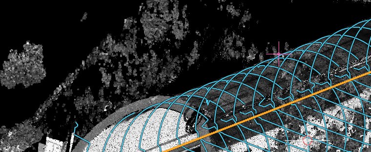 Sections measured along the tunnel, drawn over the cloud
