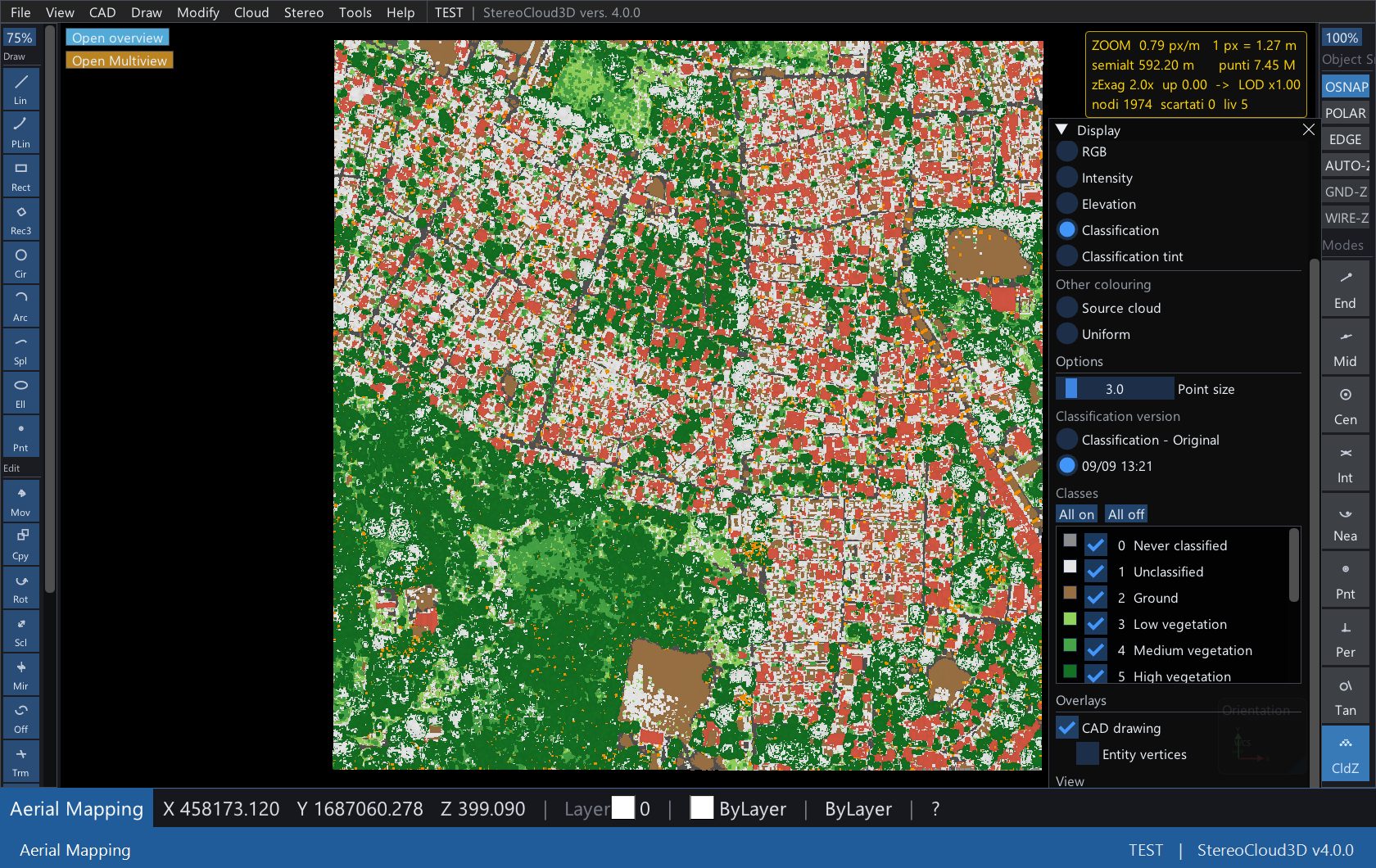 Point cloud coloured by ASPRS class, every class visible