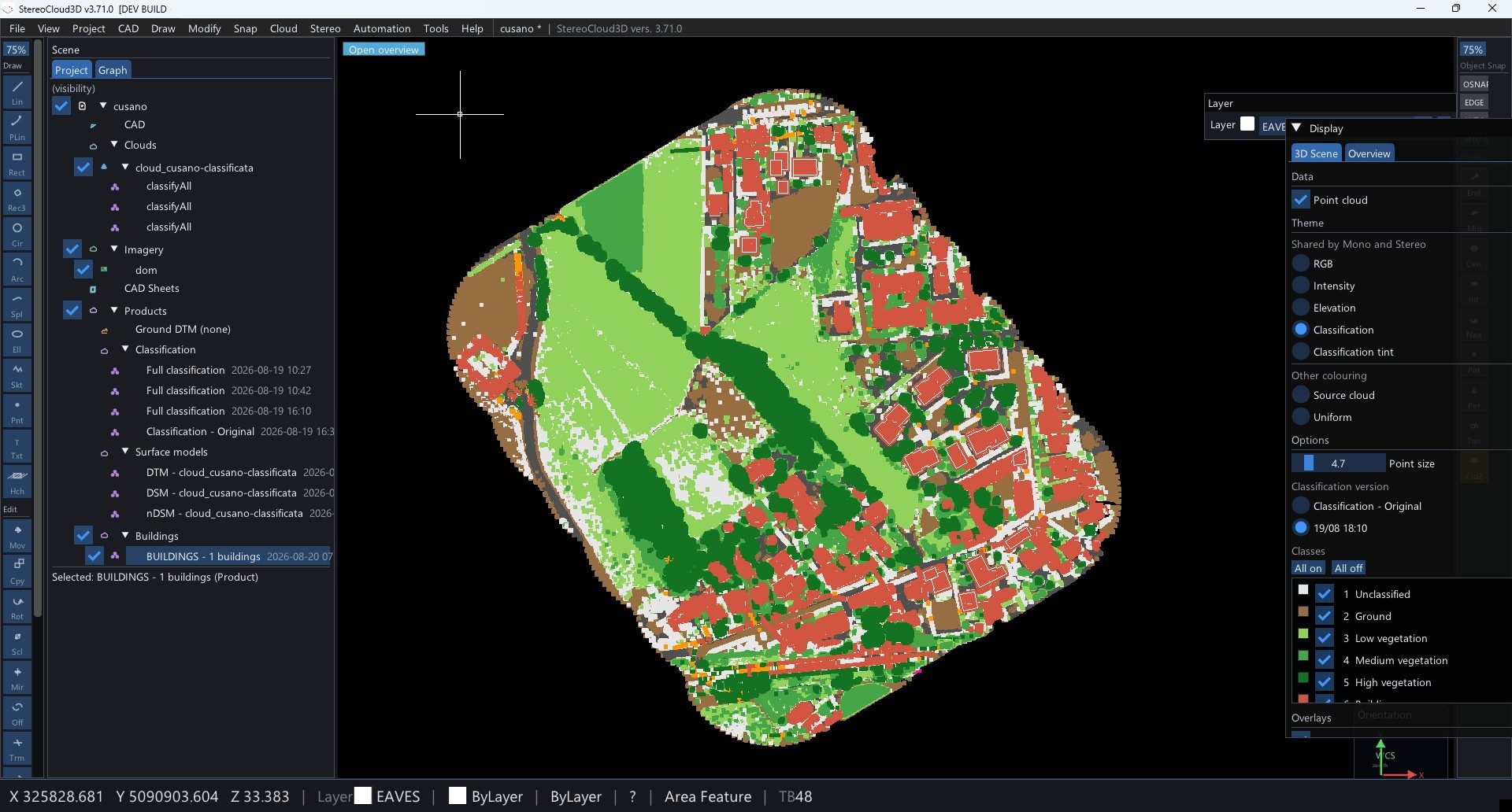 Project tree with classification versions and surface models
