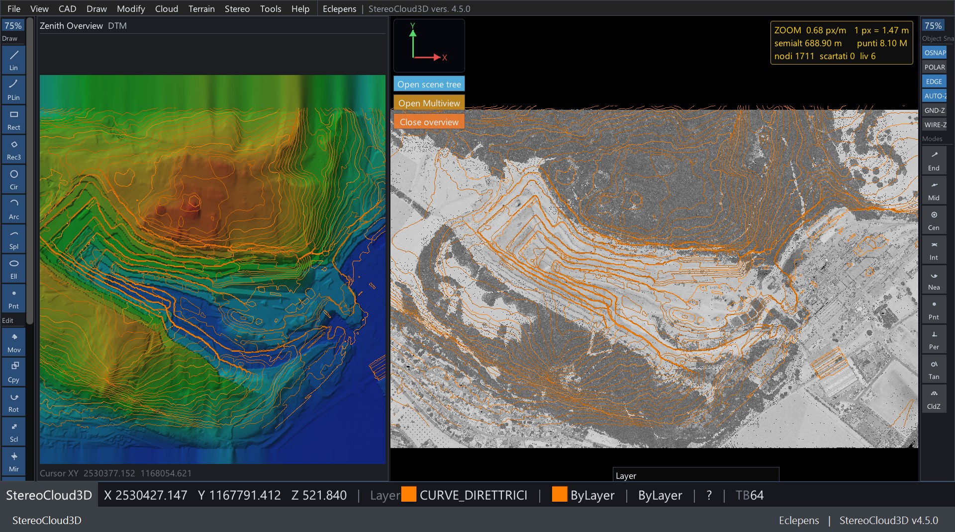 Contour lines drawn over a quarry, with the shaded terrain raster in the Zenith Overview