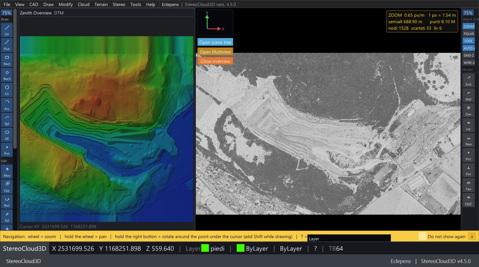 The terrain raster of a quarry shaded in the Zenith Overview beside the point cloud
