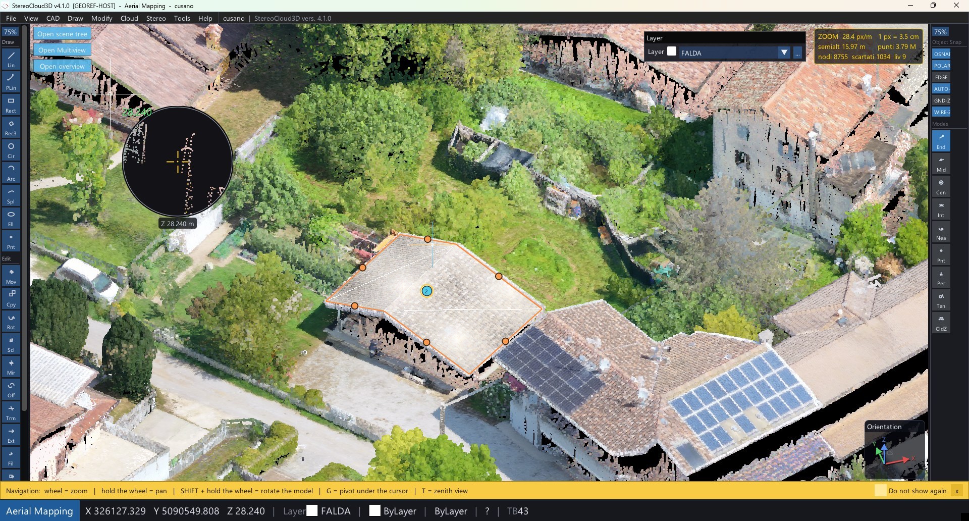 A roof pitch drawn over the point cloud with vertex and midpoint handles, and the cursor loupe open