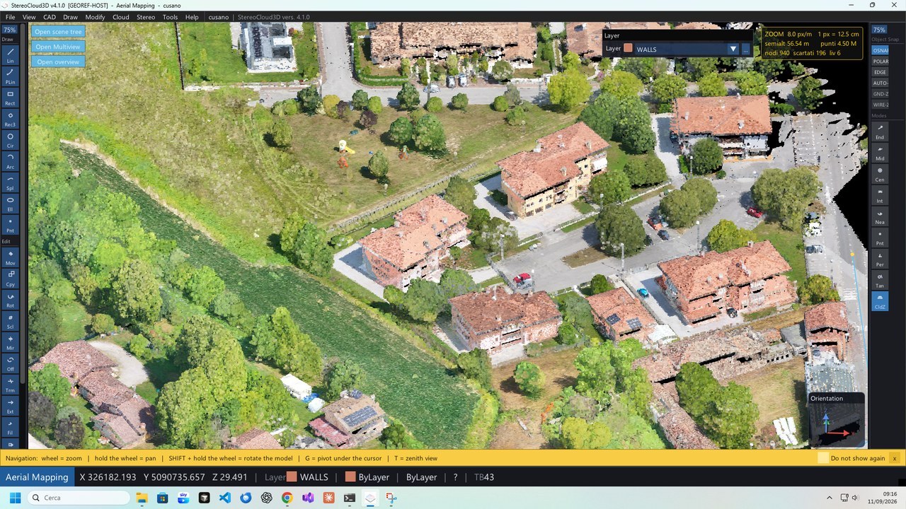 Oblique view of a village with vertical exaggeration off, where the ground reads almost flat